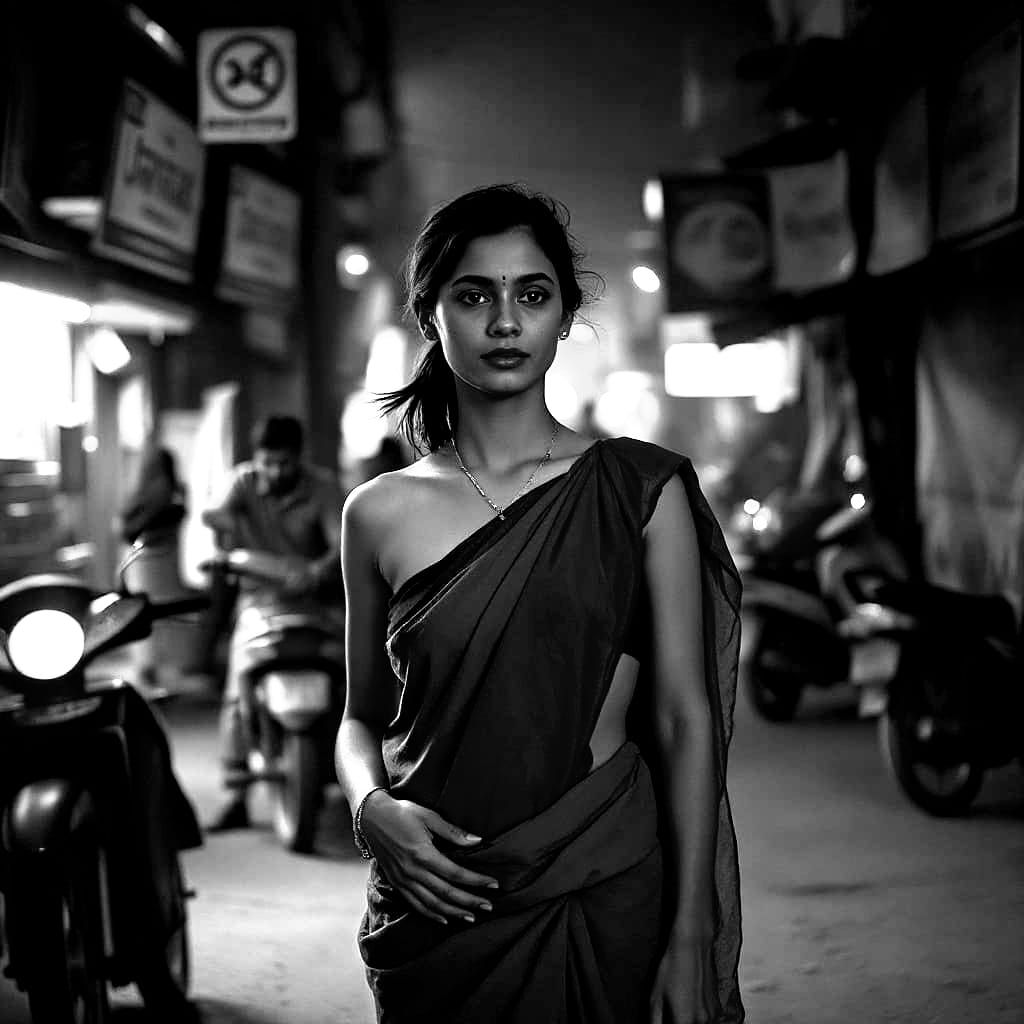 Bihar Woman in Revealing Sari Amidst Bustling Streets
