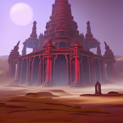 Magical temple ruins in a deserted plain.