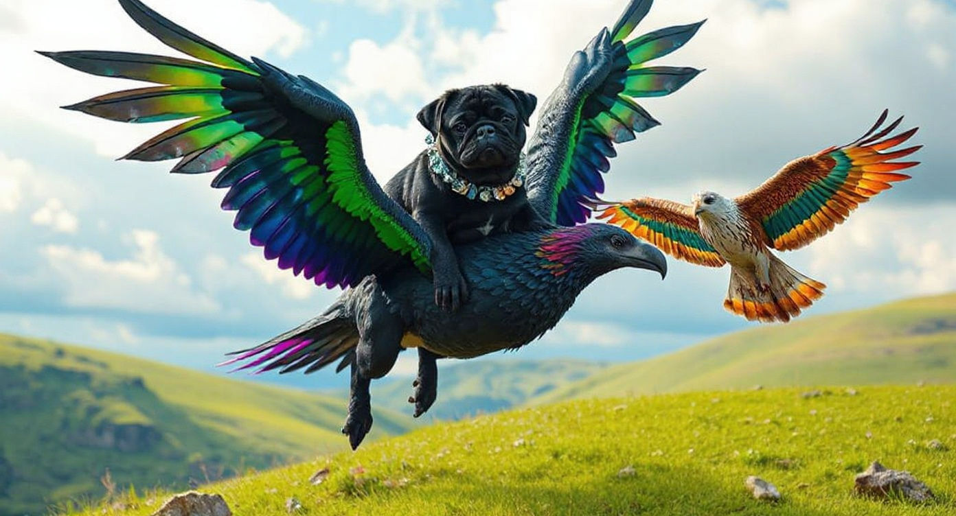 Pug and Griffon Soaring in a Dreamlike Scene