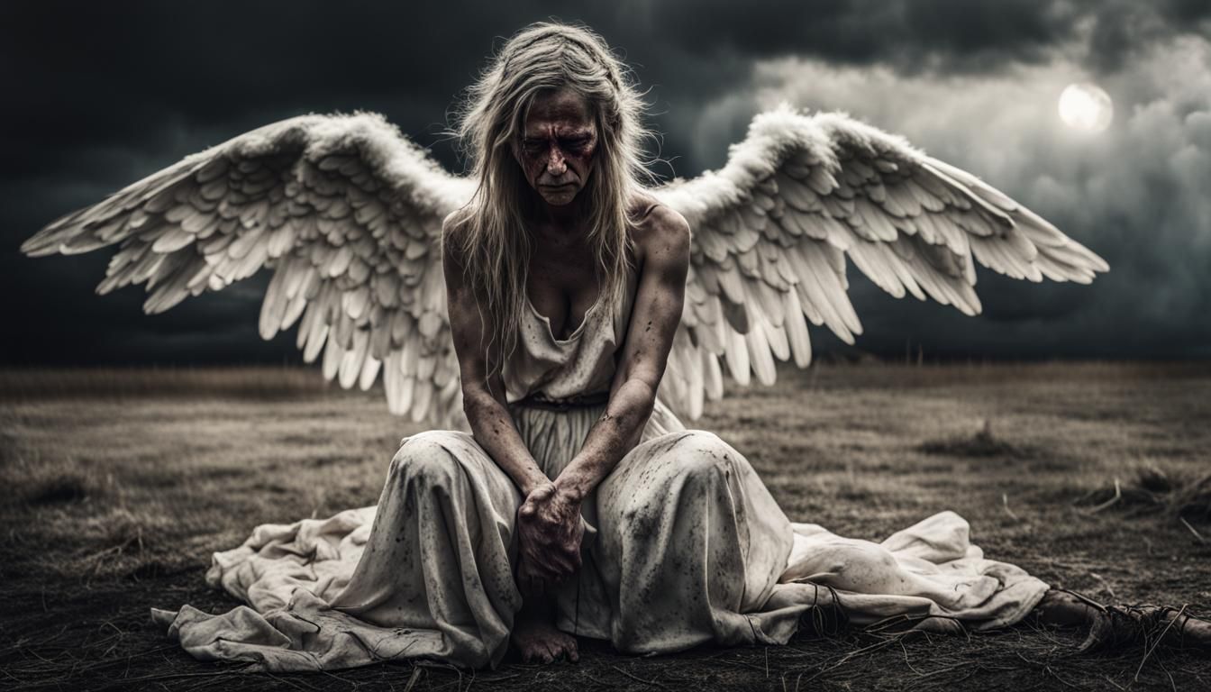 Fallen Angel on Burning Battlefield in Hyperrealism