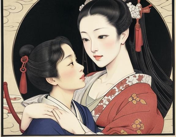 Romantic Embrace Inspired by Japanese Woodblock Prints