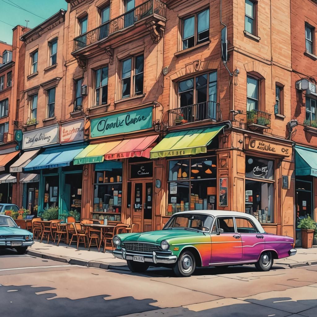 Vintage Car and Cafe in Vibrant Marker Art