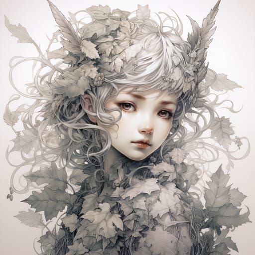 Ethereal Fantasy Fairy Drawing with Detailed Foliage