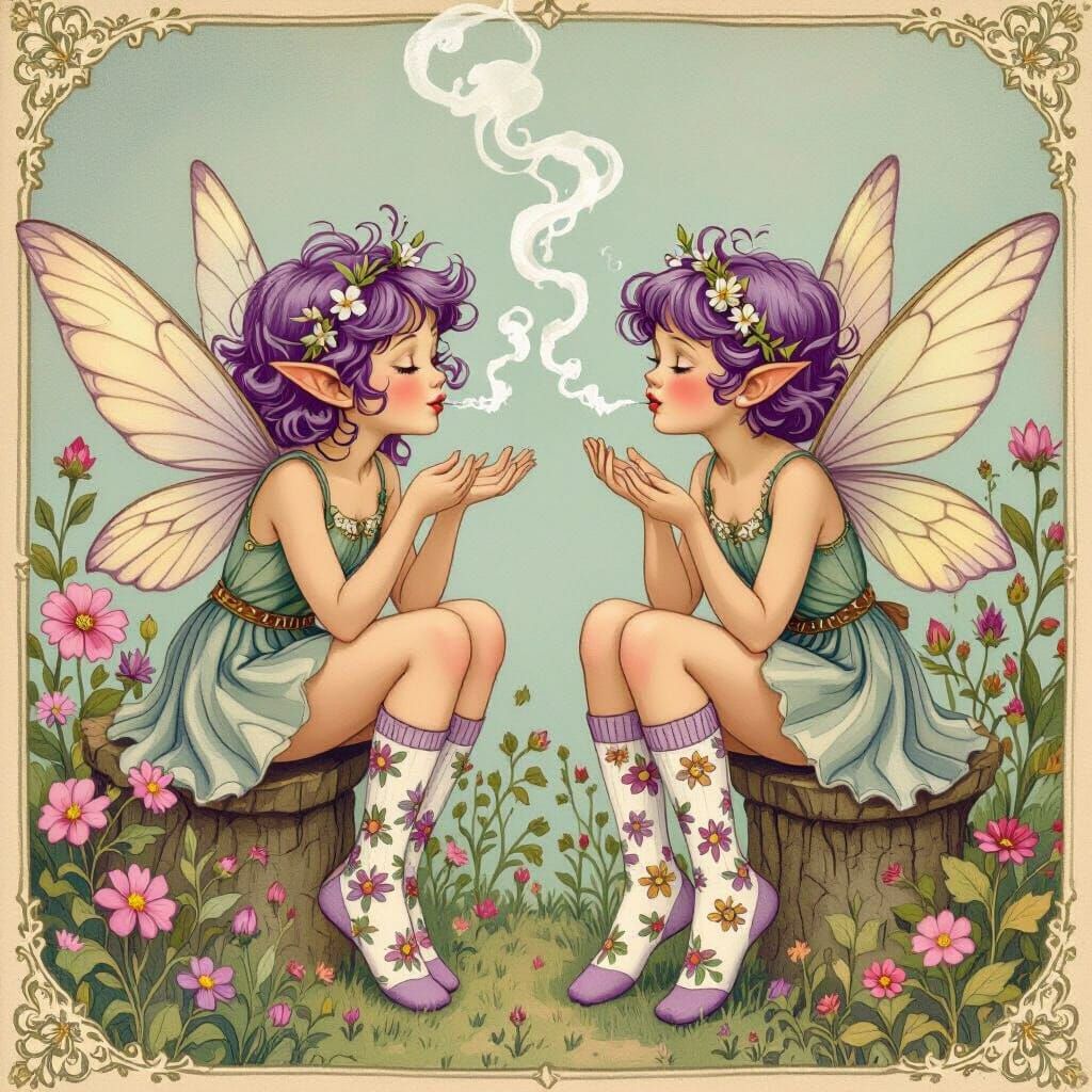Pixie Fairies Blow Flower Smoke Rings in Vintage Style