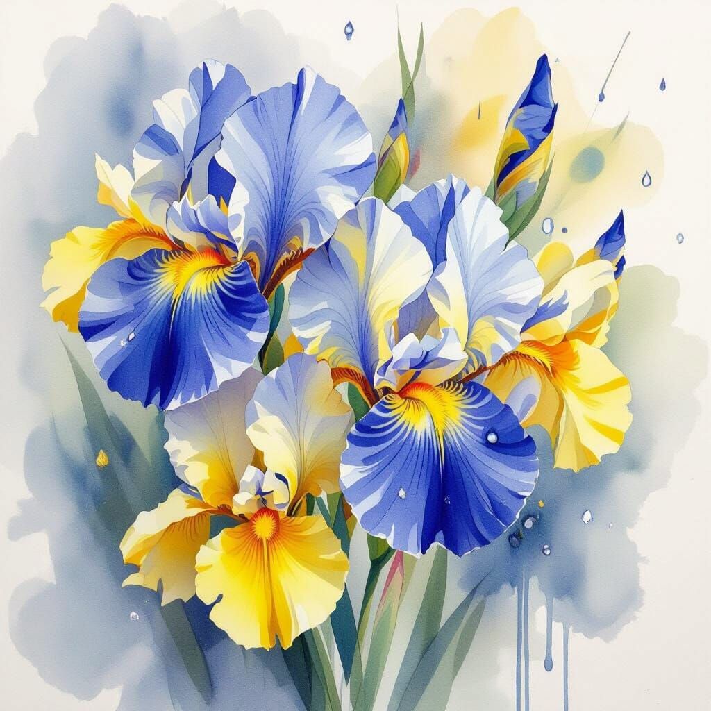Watercolor Sketch of Blue and Yellow Iris Flowers