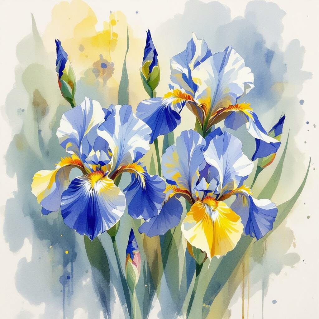 Watercolor Iris Flowers with Dew Drops