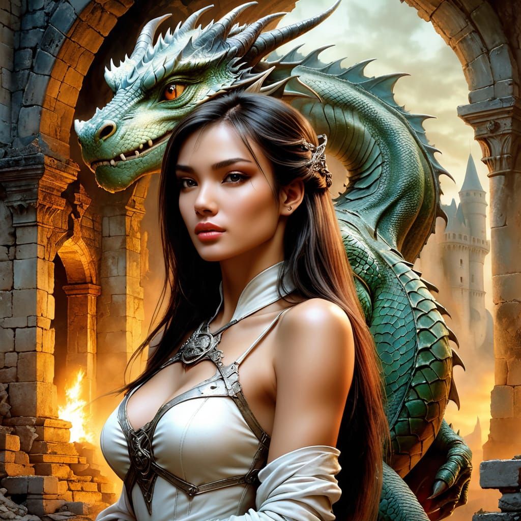 Ethereal Embrace in Ruins: A Hyperrealistic Portrait of a Ma...