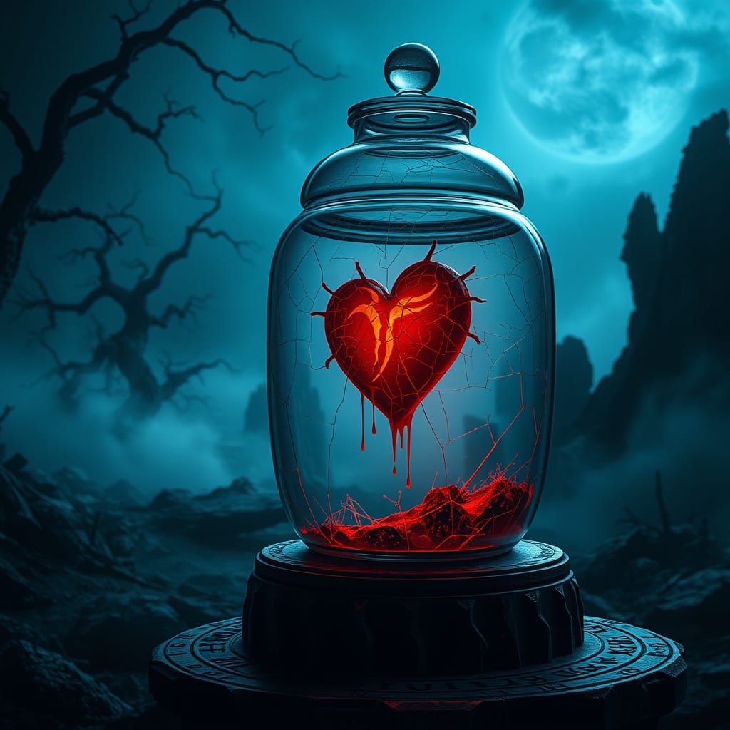 Haunting Glass Jar Radiates Crimson Glow in Darkened Landsca...