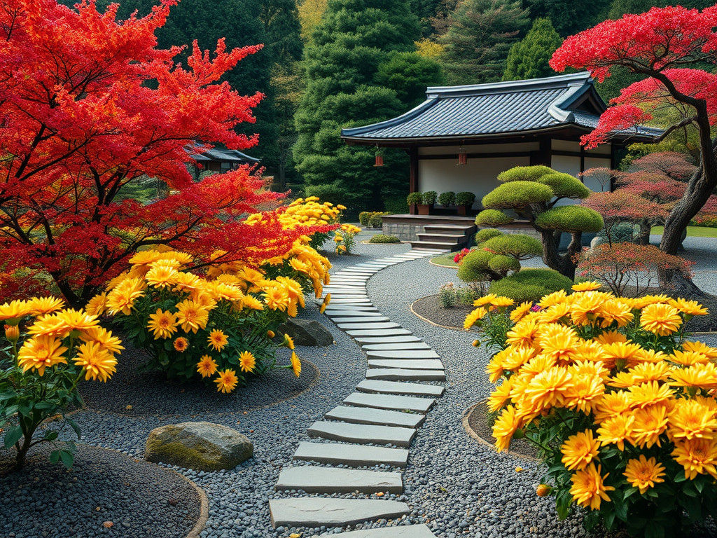 Japanese Garden with Chrysanthemums in Ukiyo-e Style
