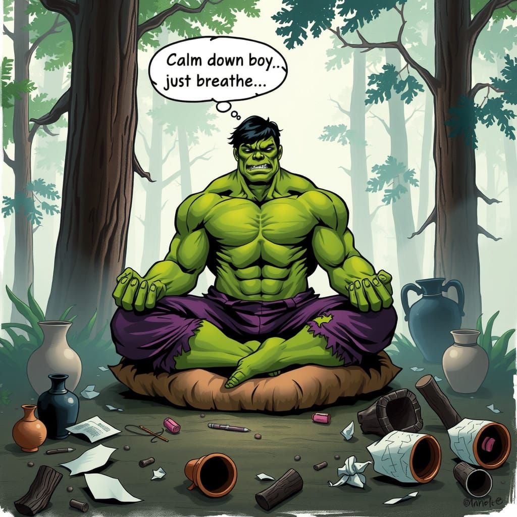 The Hulk's Quest for Inner Peace in Vibrant Comic Book Style