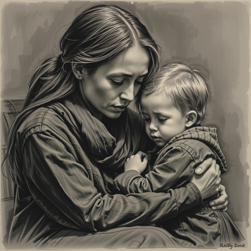 Mother Comforts Child in Intimate Charcoal Drawing
