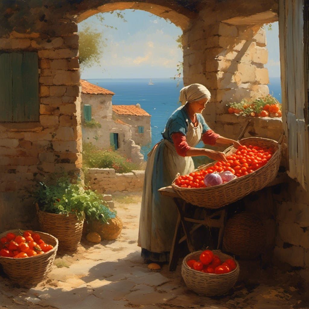 Italian Peasant Lady Slicing Tomatoes: Impressionist Oil Pai...