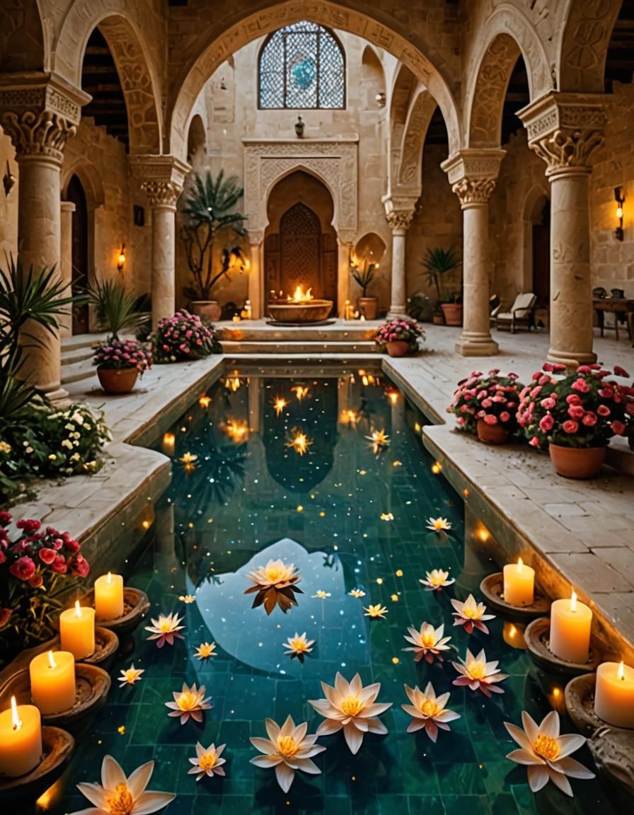 Magical Arabian Pool with Flowers and Stars