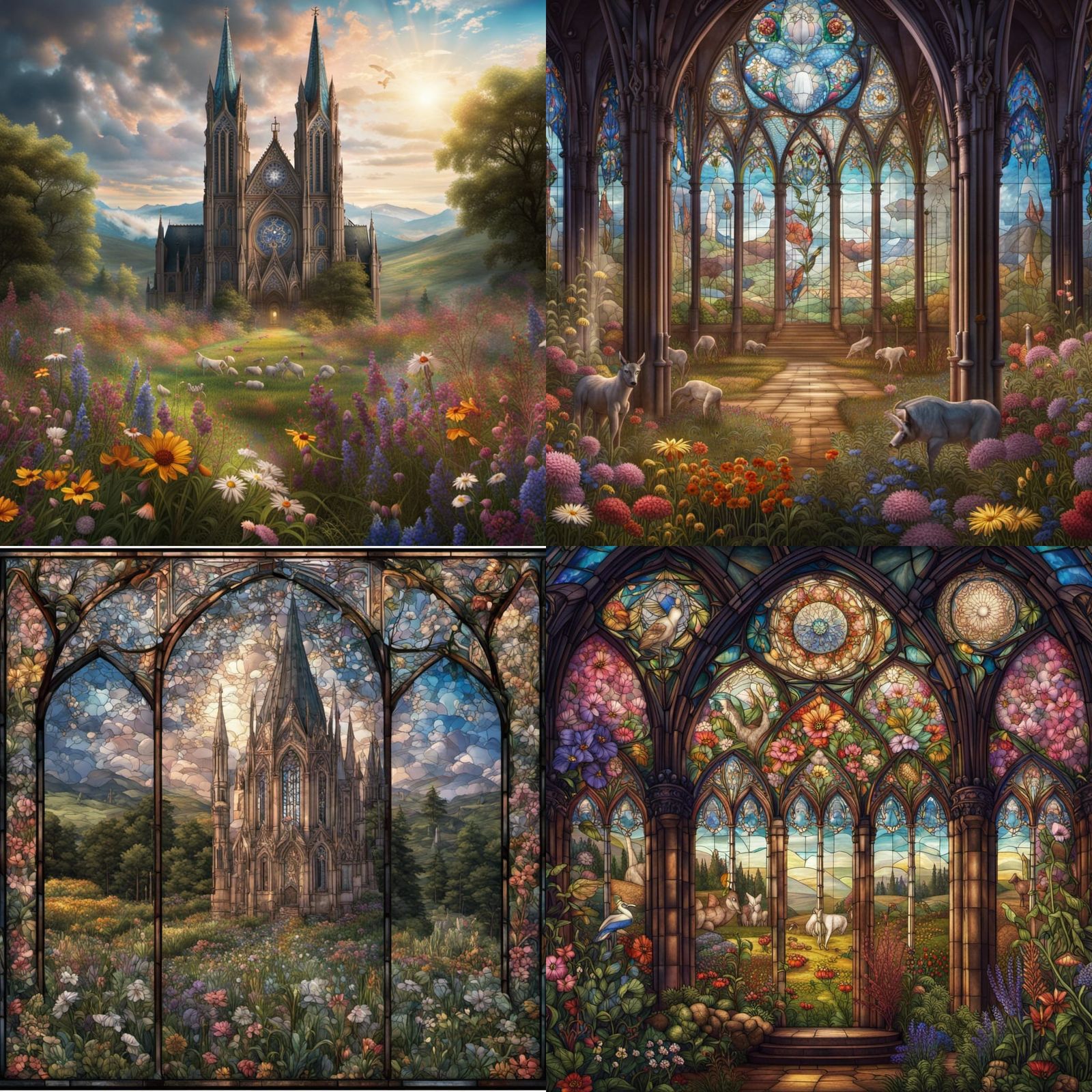 Stained Glass Cathedral Over Wildflower Field