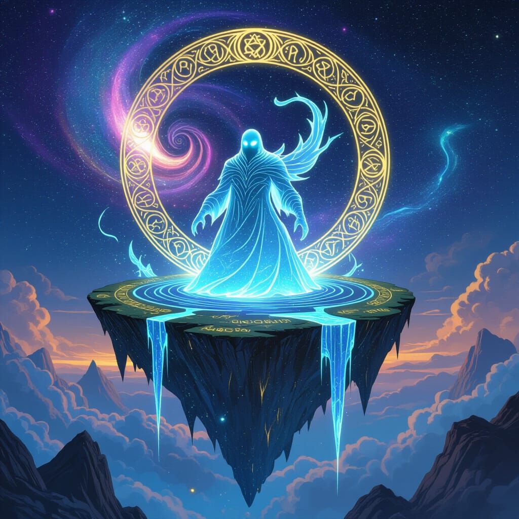 Ice Golem on Floating Island in Art Nouveau Style