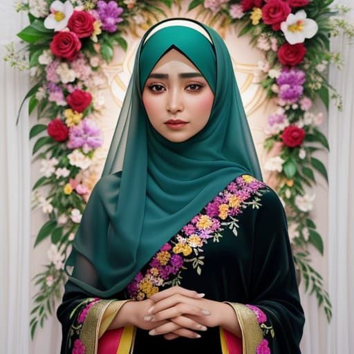 Floral Portrait of Woman in Hijab, Renaissance Style