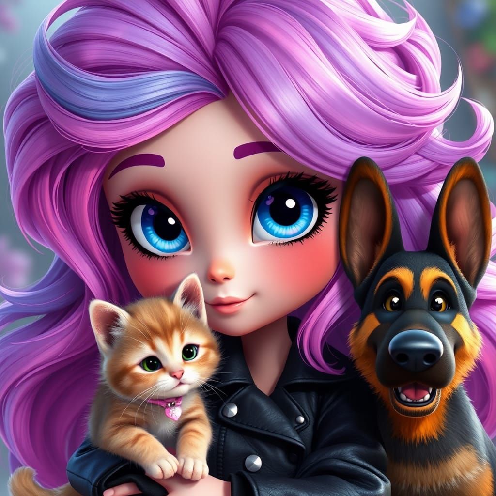 Stylized Anime Character with Kitten and Dog