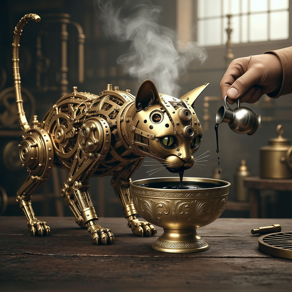 Steampunk Cat Drinks Oil From Silver Bowl