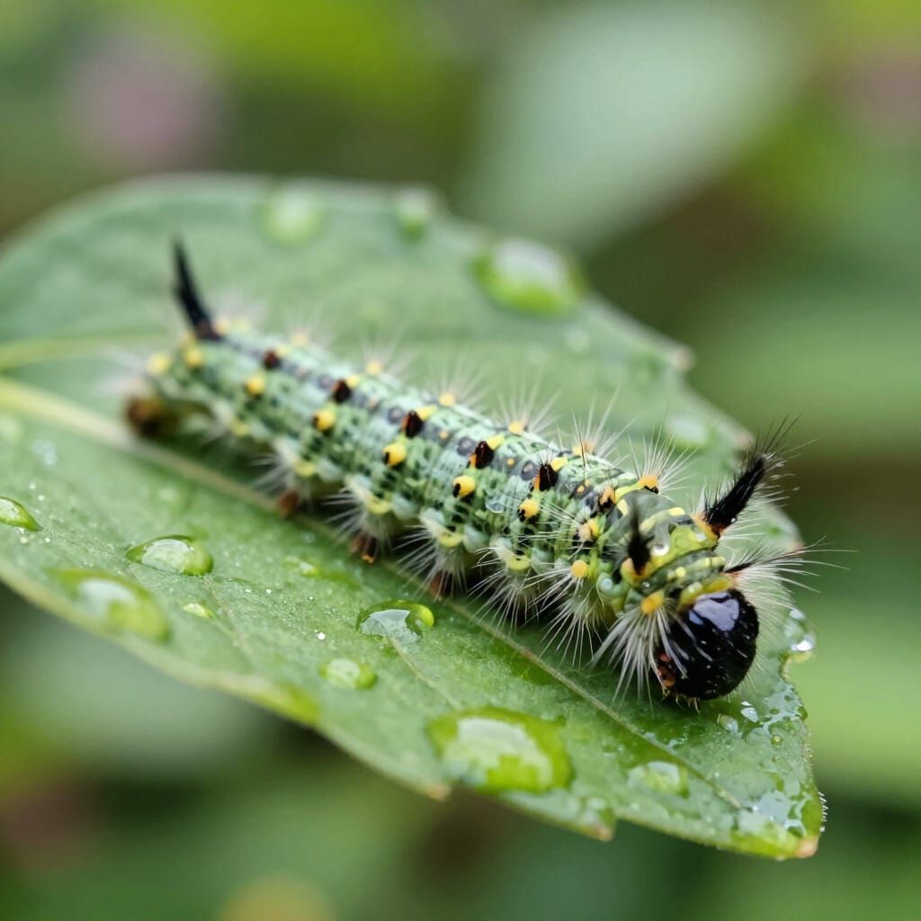 Fuzzy Caterpillar Macro Photo with Water Droplets