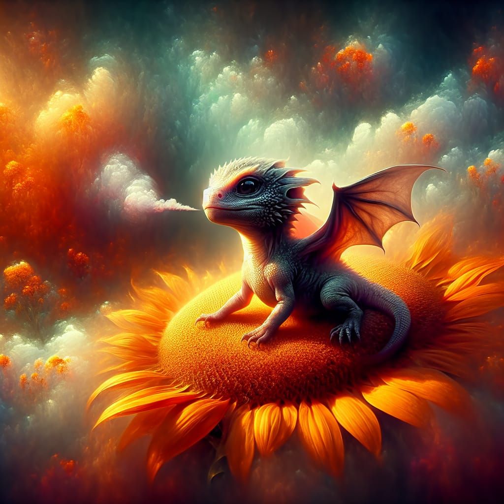 Tiny Dragon on Sunflower in Romantic Style