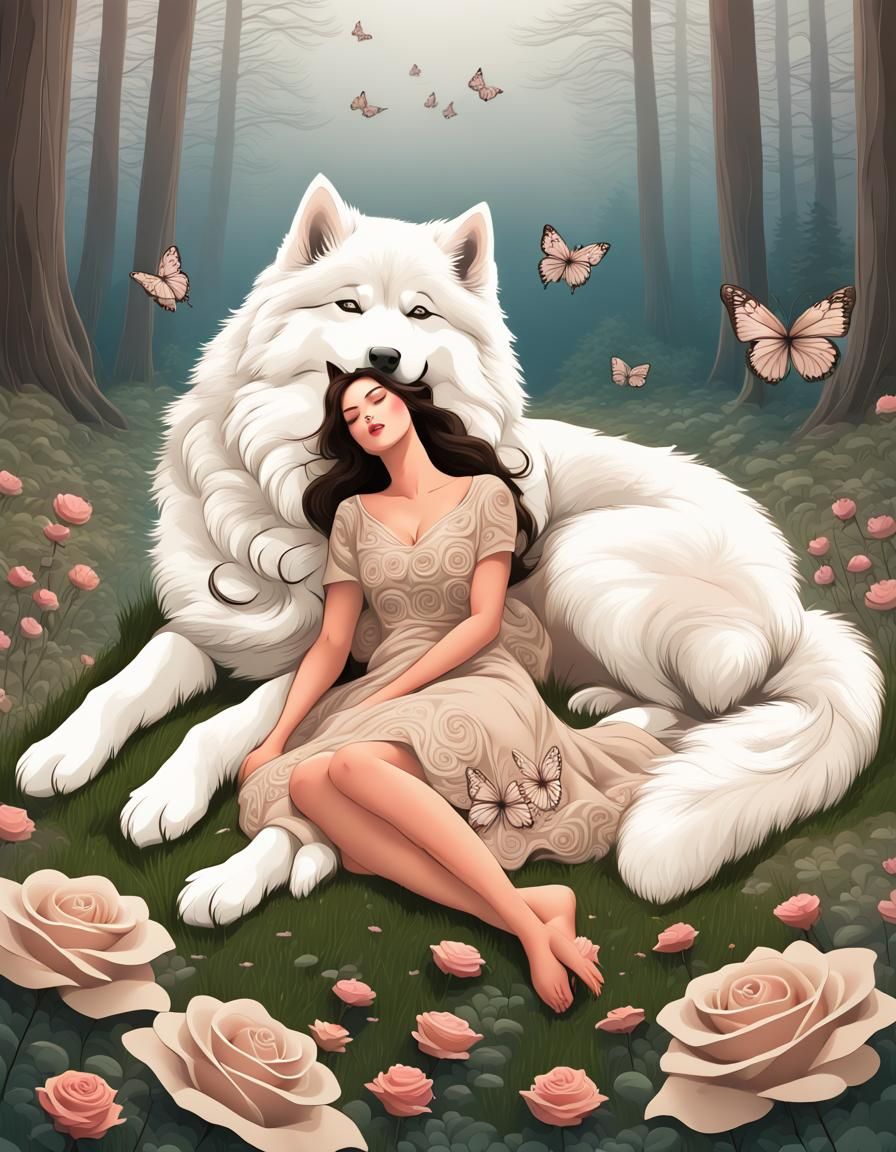 Rose Clouds Lake Scene with Samoyed in Zentangle Style