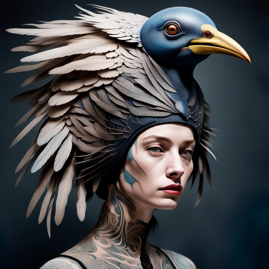 Surreal Bird-Woman Portrait with Tattoos in Volumetric Light...