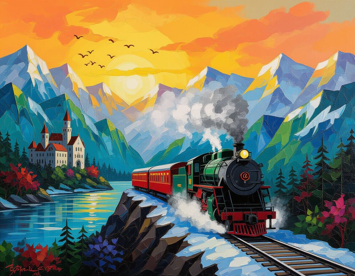 Vivid Red Steam Train in Snowy Mountains at Sunset