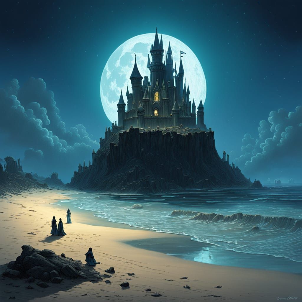 Sandcastle on Bioluminescent Beach in Gustave Doré Style