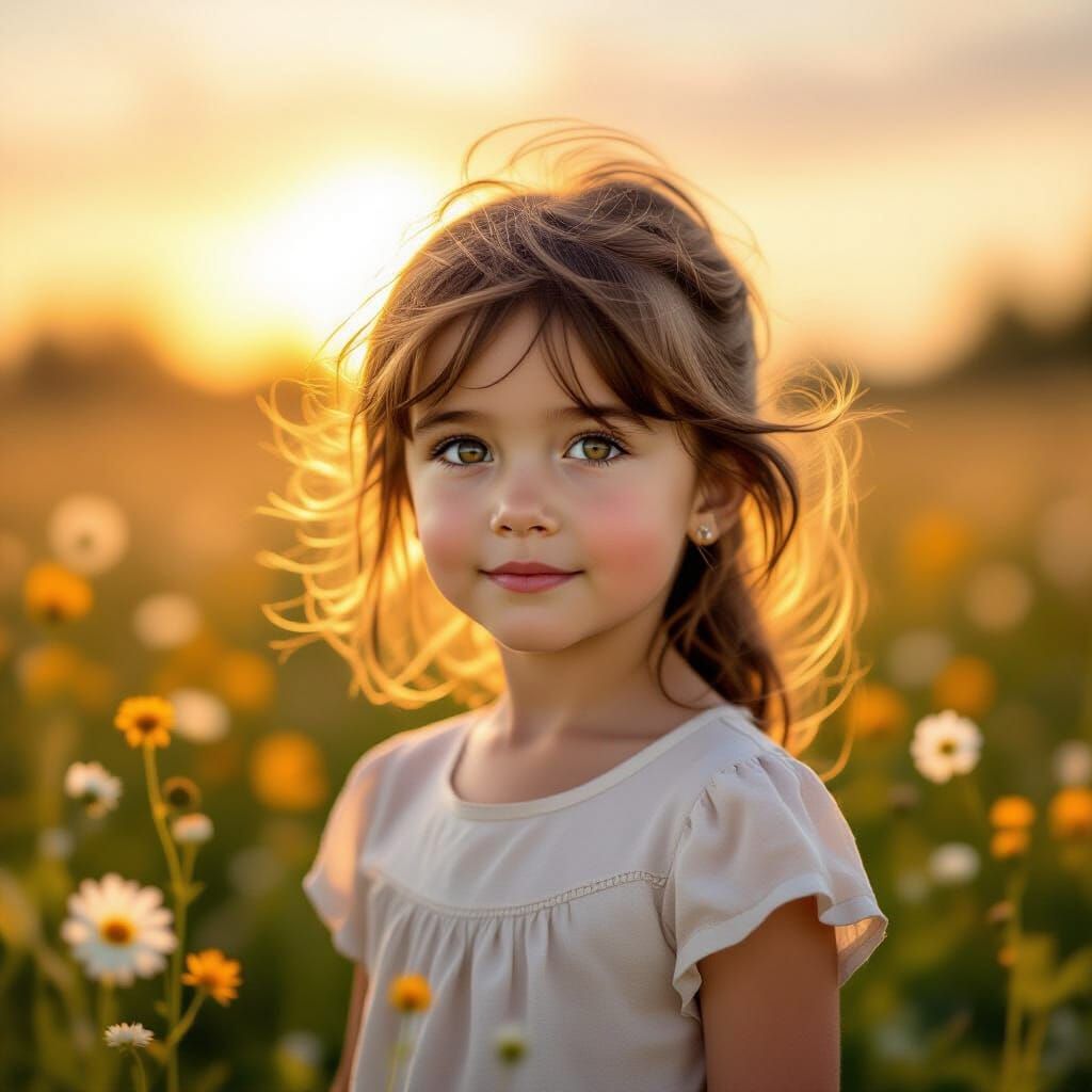 Girl in Wildflower Field at Sunrise, Painterly Style