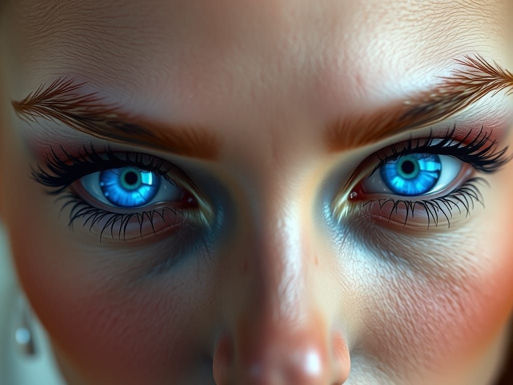 Hyper-Realistic Portrait of a Woman with Neon Blue Eyes