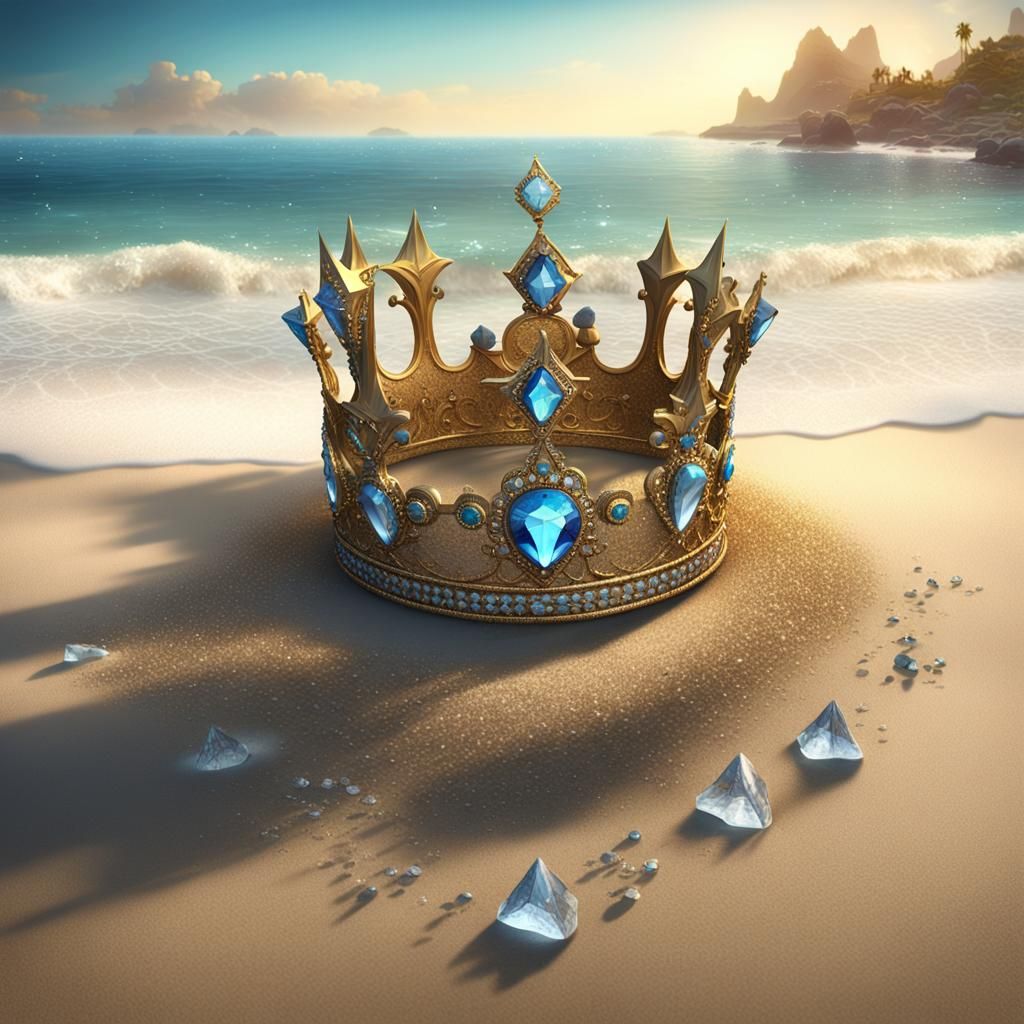 King's Crown on Glittery Beach in Fantasy Art Style