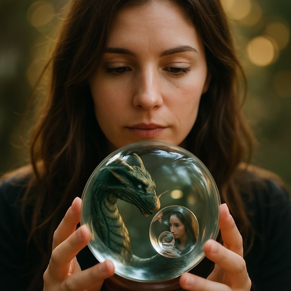 Recursive Crystal Ball Portrait: Woman and Dragon