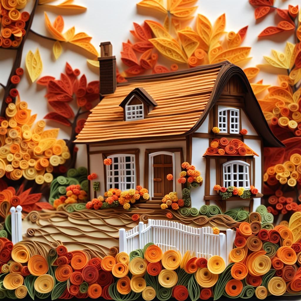 Autumn Cottage in Papercraft Quilling Style