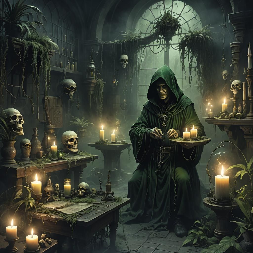 Dark Mage Experiments with Magic in Eerie Laboratory