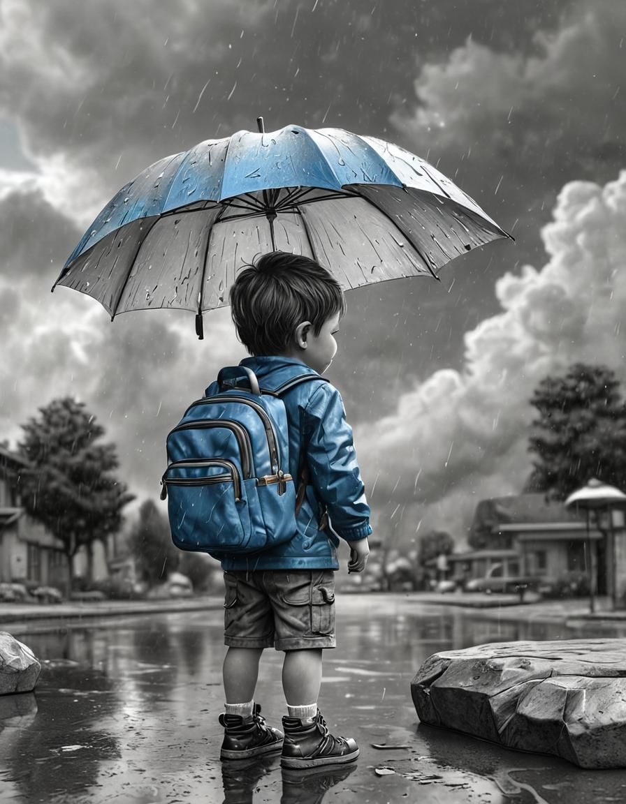 Rugged Toddler Holds Umbrella in Rainy Schoolyard Scene