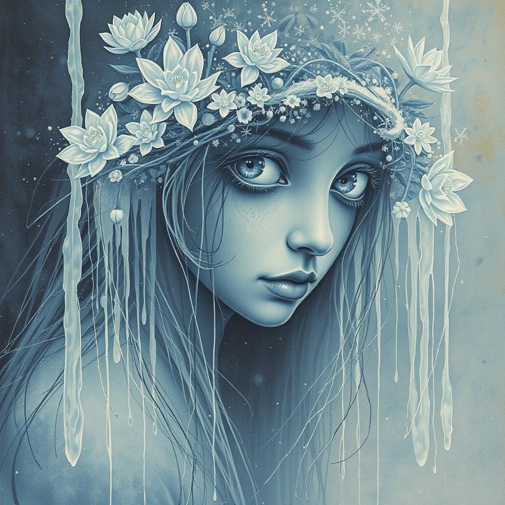 Watercolor Fairy Portrait with Lotus Waterfall