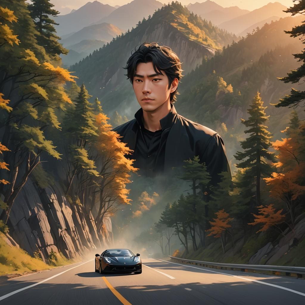 Anime Man in Ferrari on Mountain Road