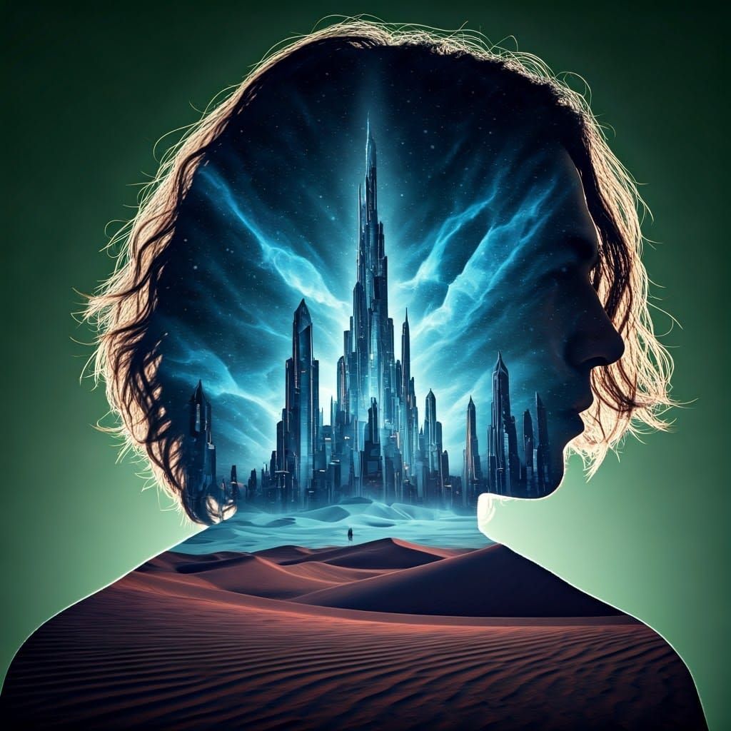 Double Exposure: Cosmic Desert Meets Futuristic City