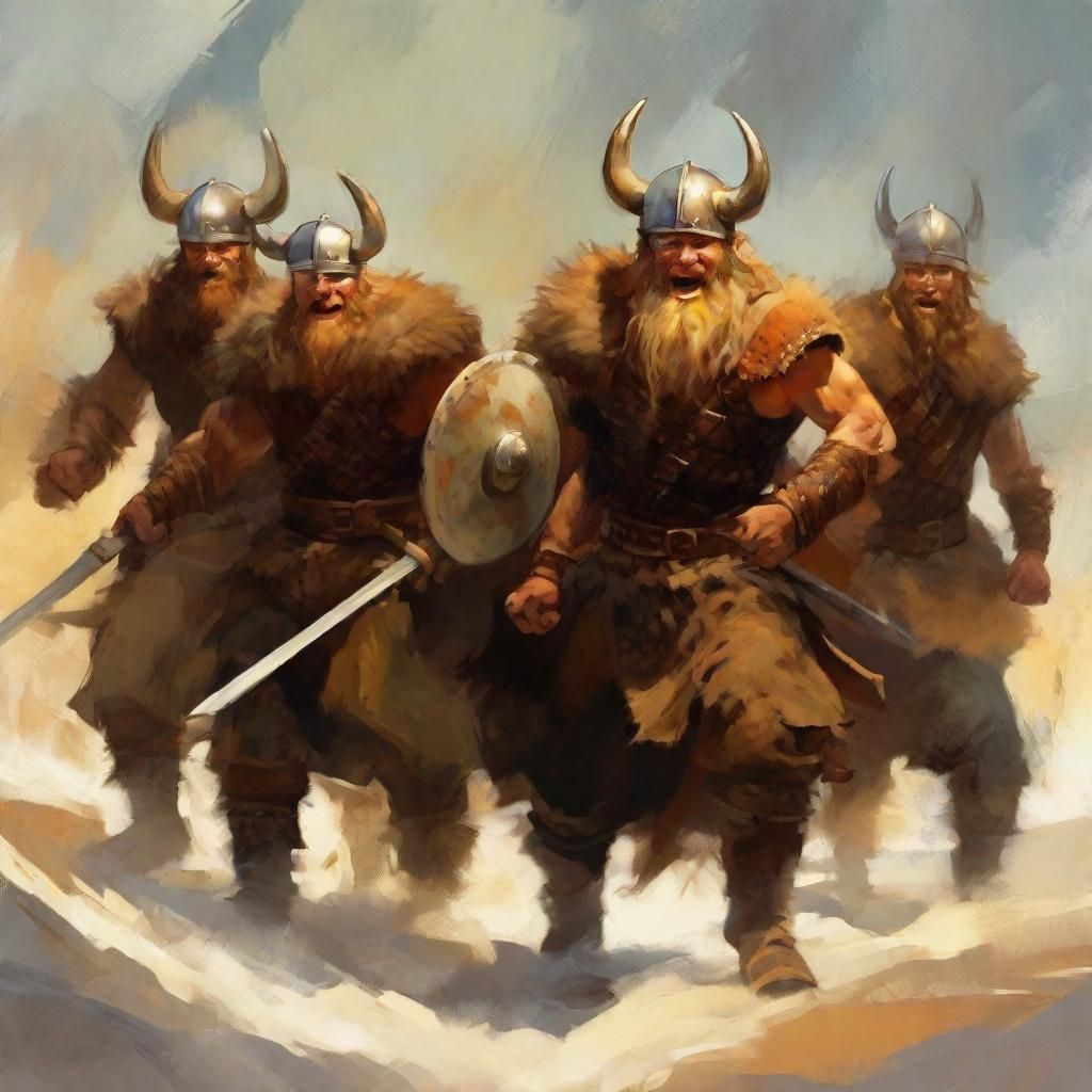 Smiling Vikings Charge Into Battle: Fantasy Illustration