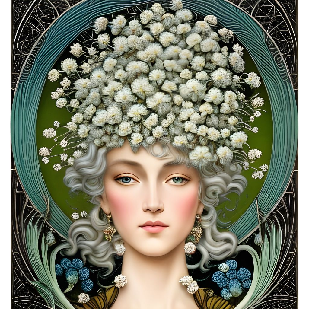 White Haired Girl with Flowers, Art Nouveau Digital Art