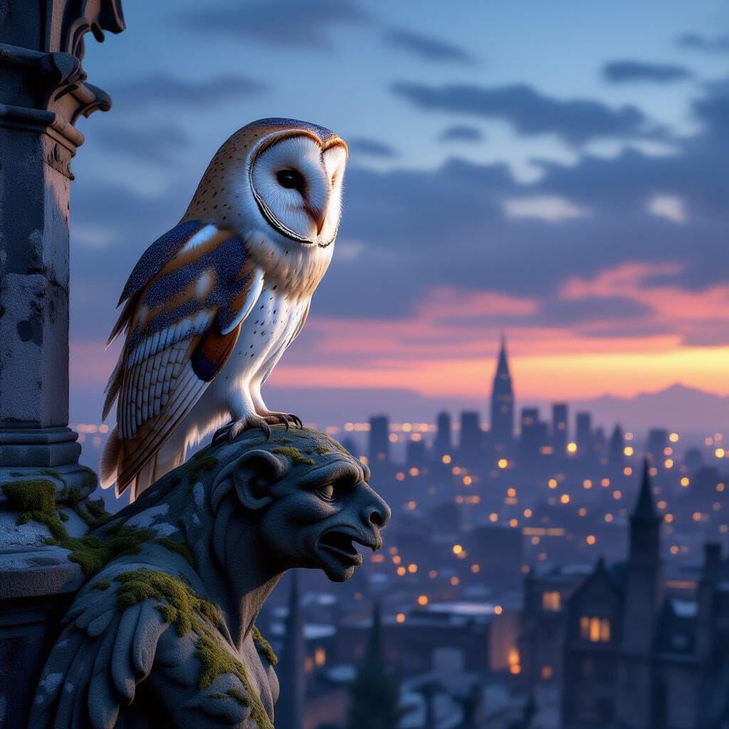 Barn Owl on Gargoyle in Post-Apocalyptic Cityscape