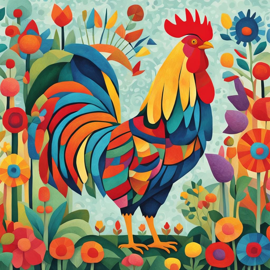 Colorful Rooster in Garden: Naive Art Style