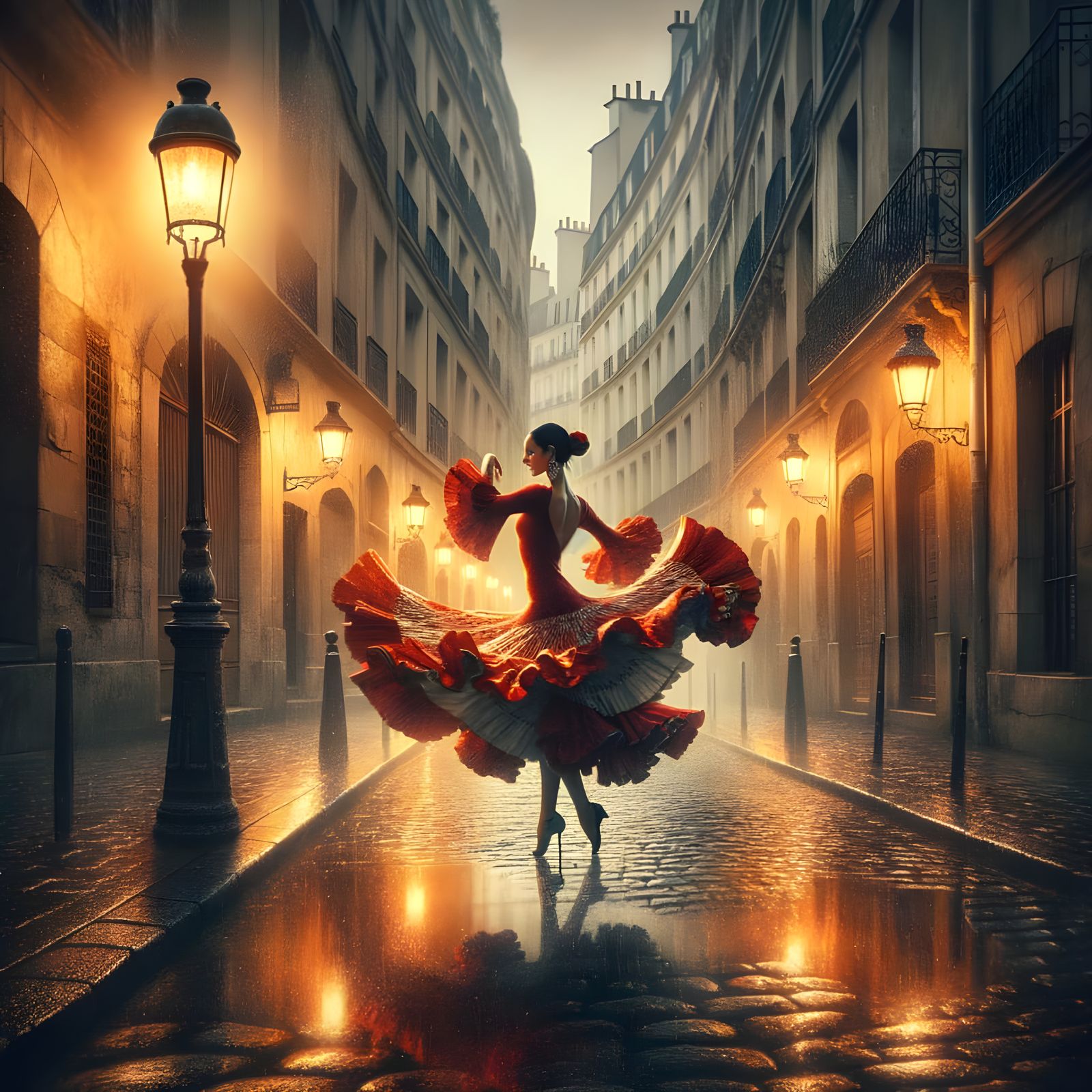 Flamenco Dancer Twirls on Rainy Paris Street