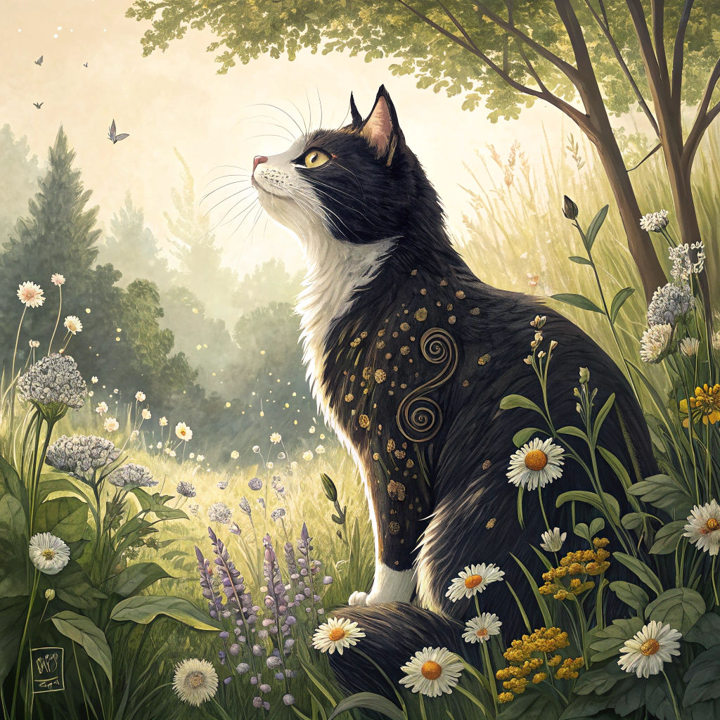 Cat in Garden: Decorative Impressionist Style