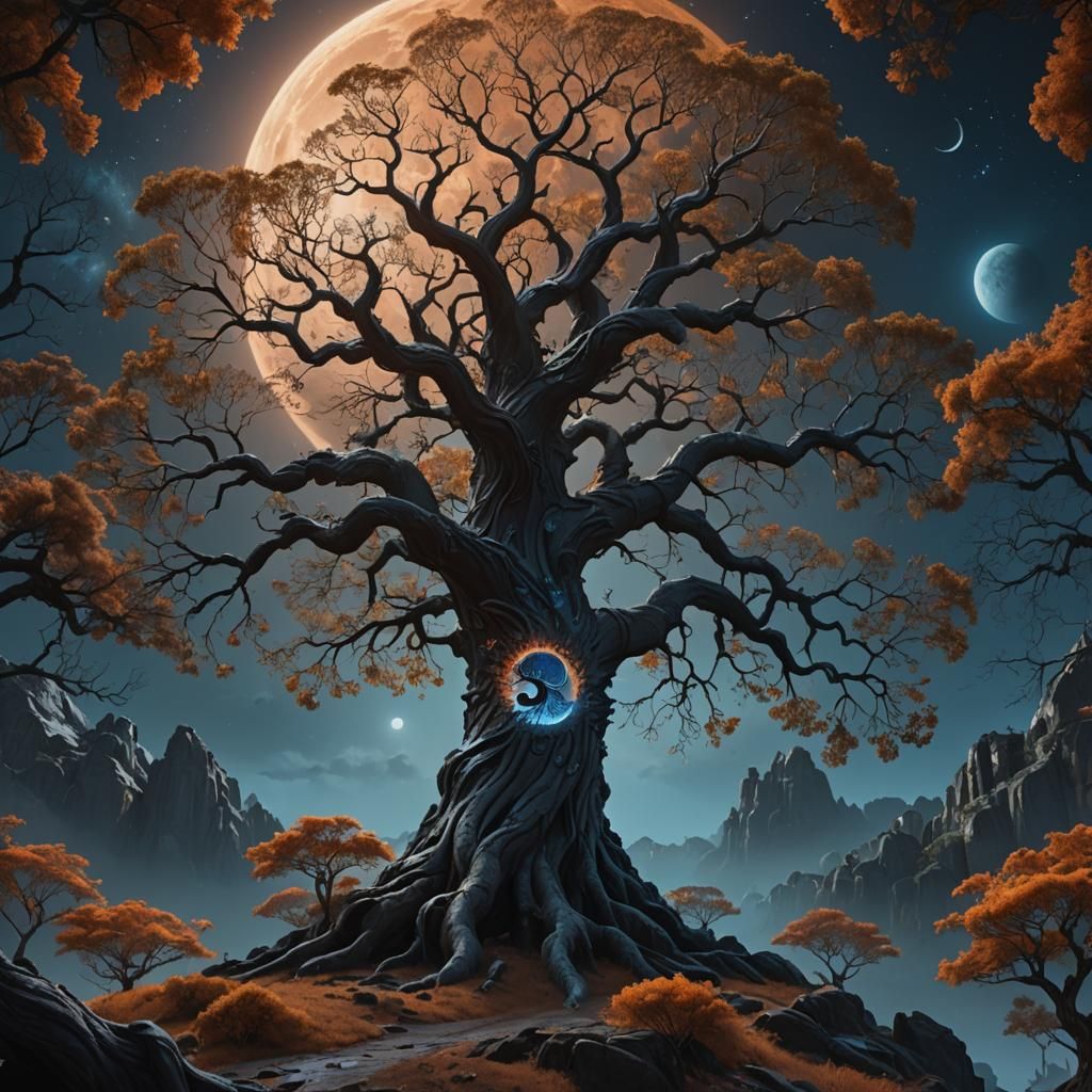 Tree of Life Under Black Moon: Digital Matte Painting