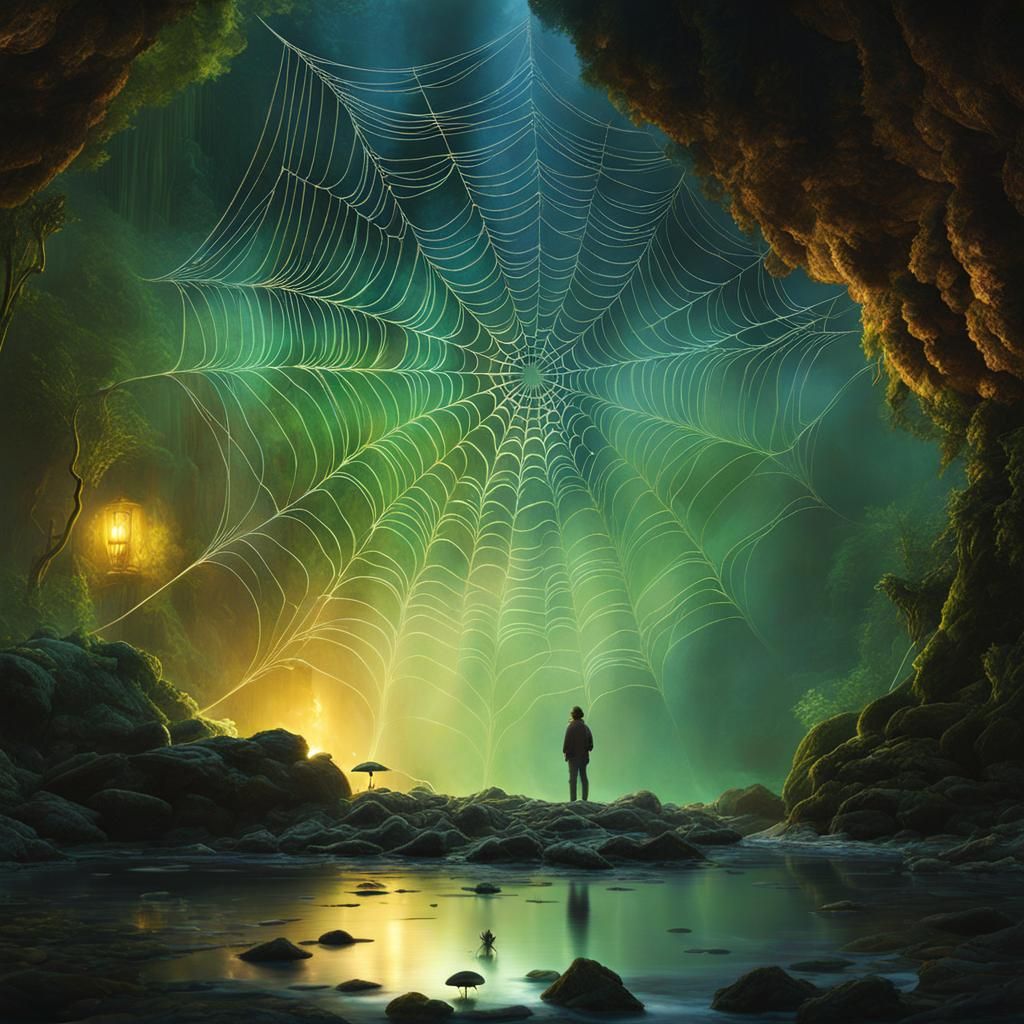 Star-Shaped Spiderweb with Phosphorescent Mushrooms