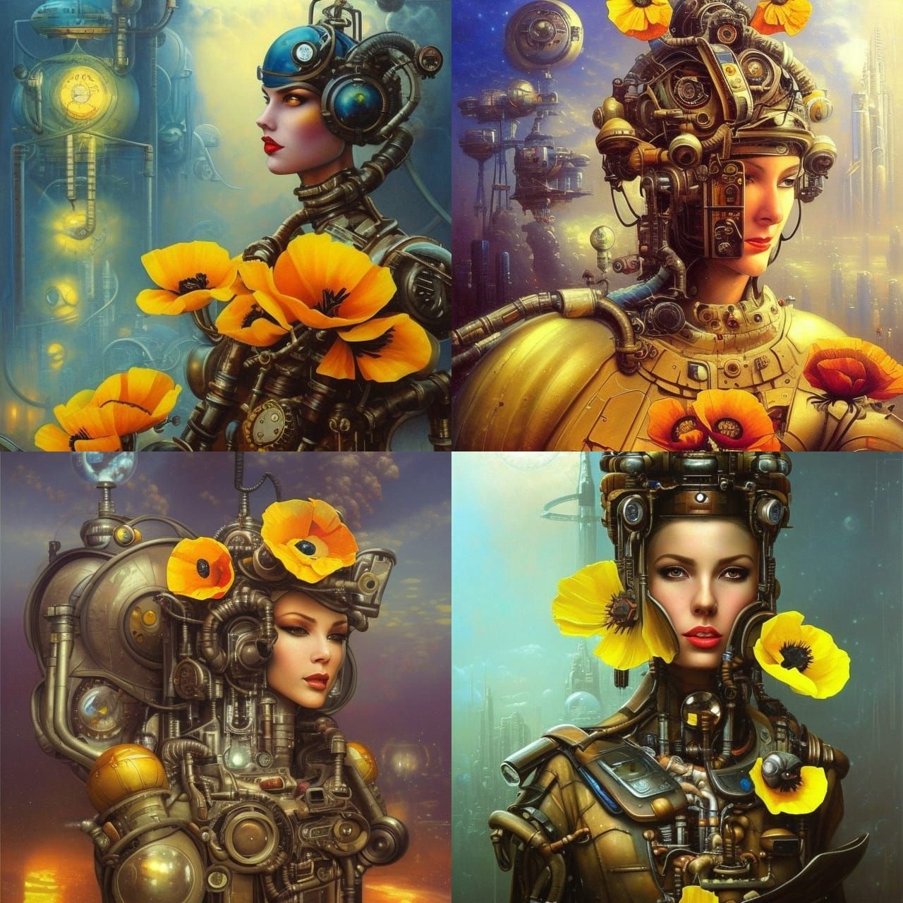 Steampunk Art Deco Portrait with Poppies