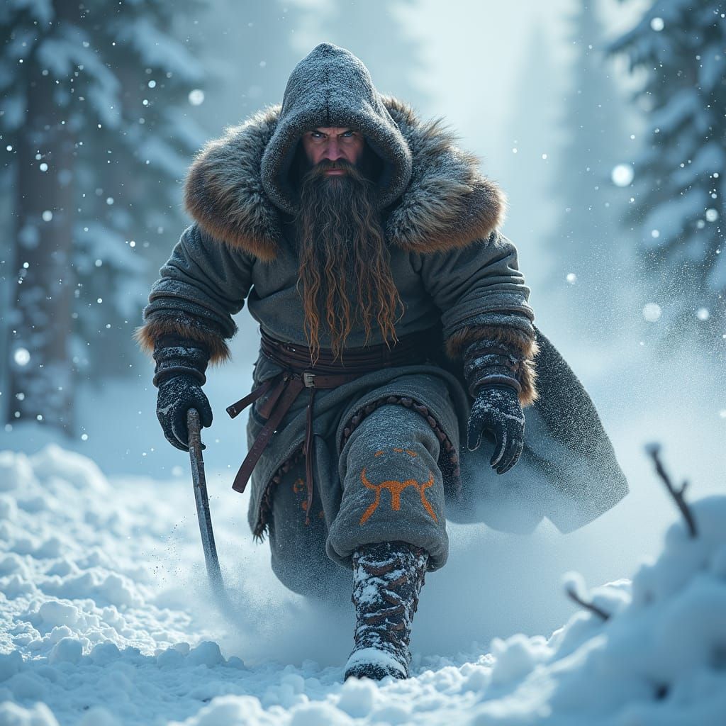 Nordic Warrior in Blizzard, Dramatic Lighting