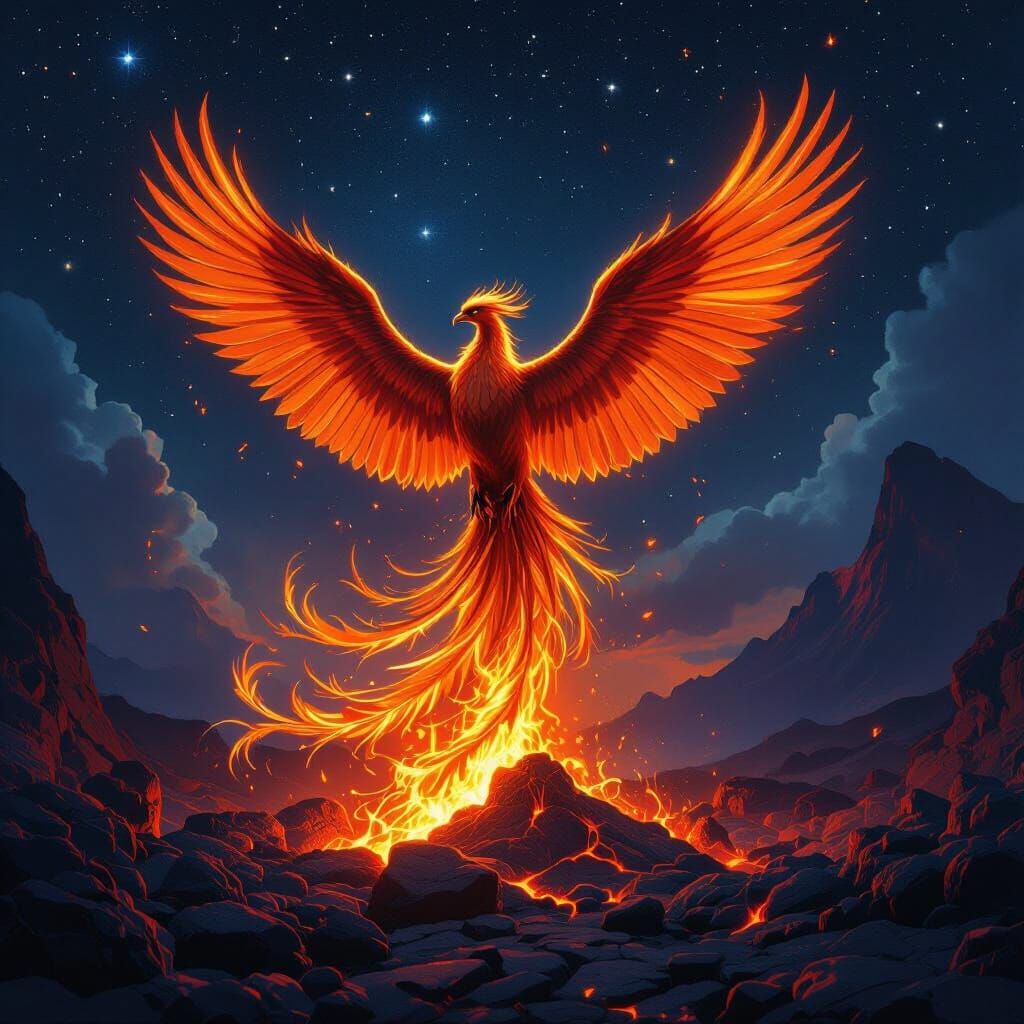 Majestic Phoenix Rises from Embers in Volcanic Landscape
