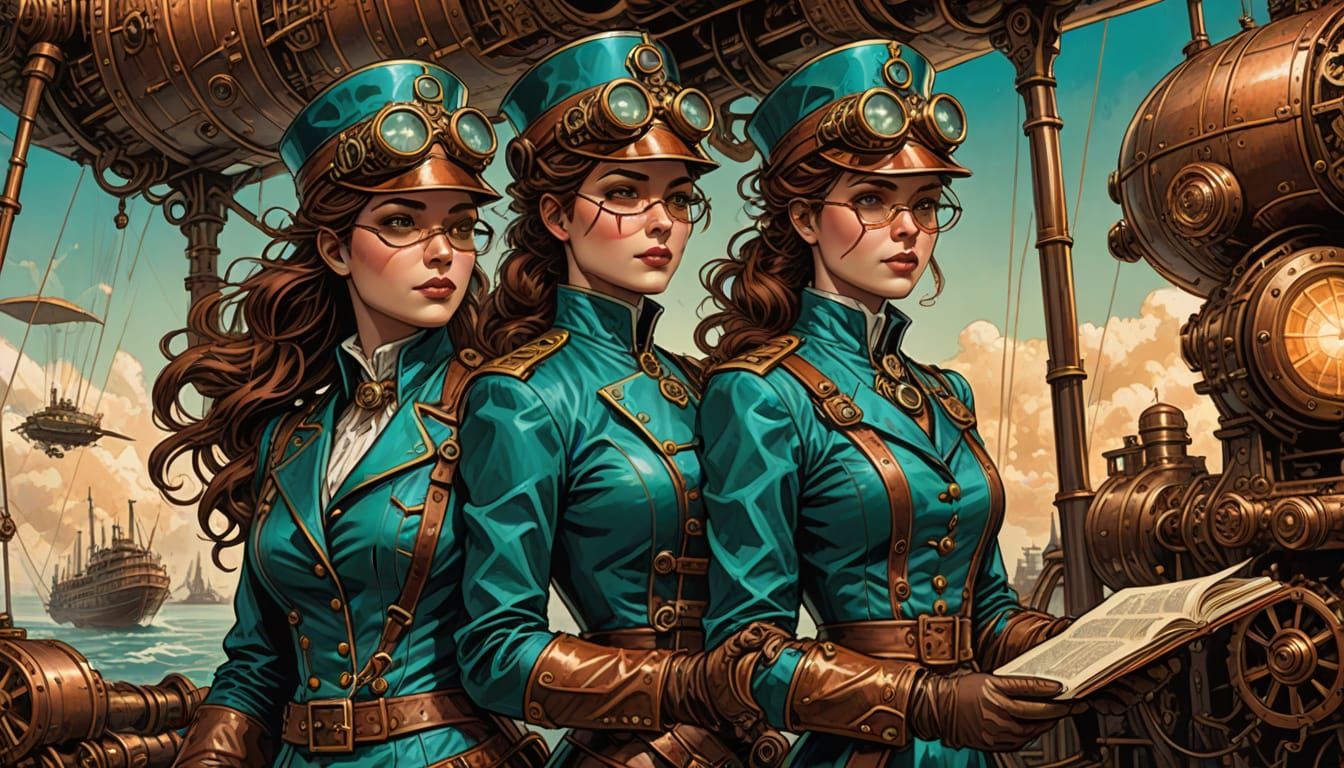 Steampunk Women Working on Airship in Comic Book Art